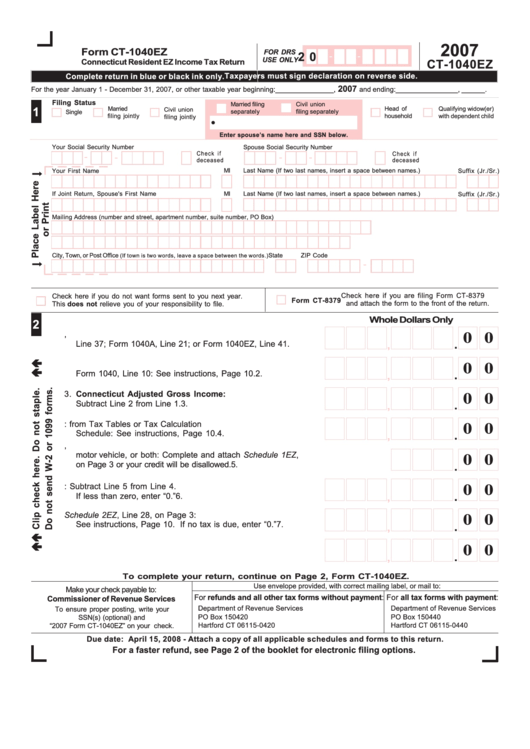 Form Ct-1040ez - Connecticut Resident Ez Income Tax Return - 2007 Printable pdf