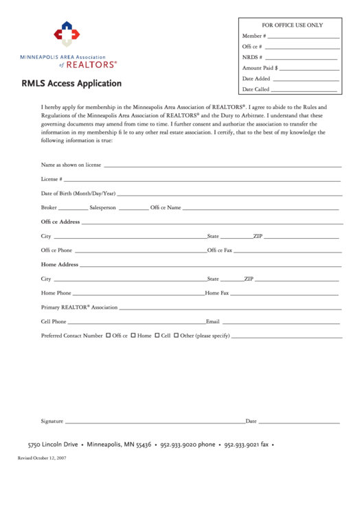 Fillable Rmls Access Application Form Printable pdf