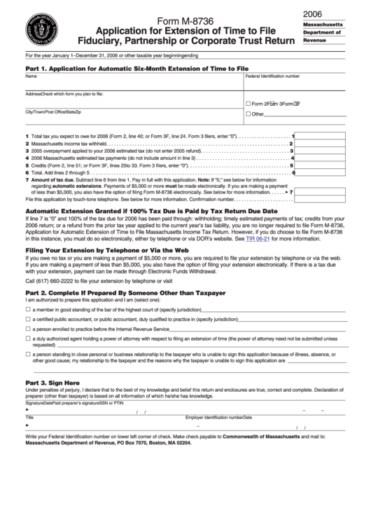 Form M-8736 - Application For Extension Of Time To File Fiduciary, Partnership Or Corporate Trust Return - 2006 Printable pdf