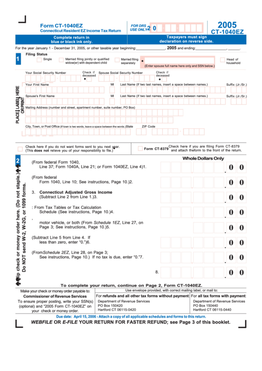 Form Ct-1040ez - Connecticut Resident Ez Income Tax Return - 2005 Printable pdf