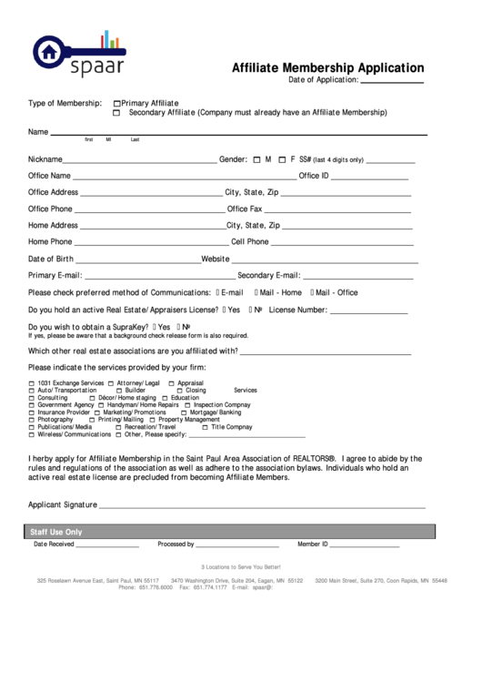 Affiliate Membership Application Form Printable pdf