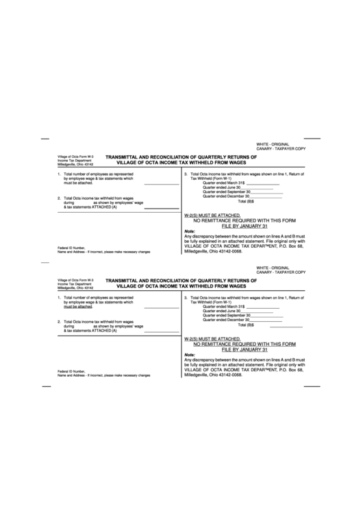 Transmittal And Reconciliation Of Quarterly Returns Of Village Of Octa Income Tax Withheld From Wages Printable pdf