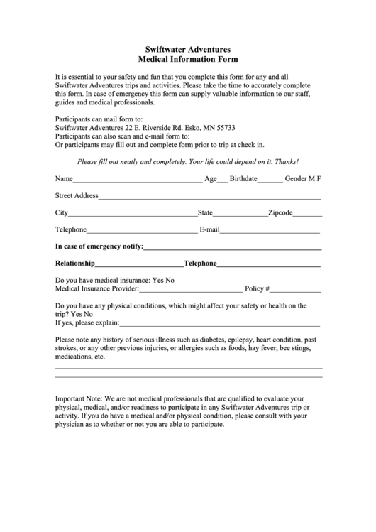 Swiftwater Adventures Medical Information Form Printable pdf