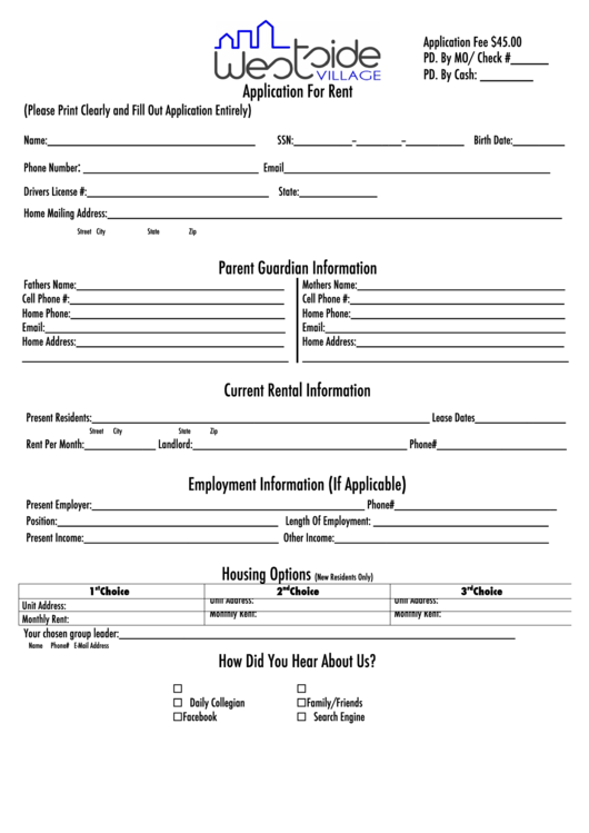 Rental Application Form Printable pdf