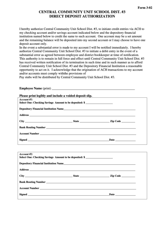 Fillable Form 3-02 - Direct Deposit Authorization Form Printable pdf