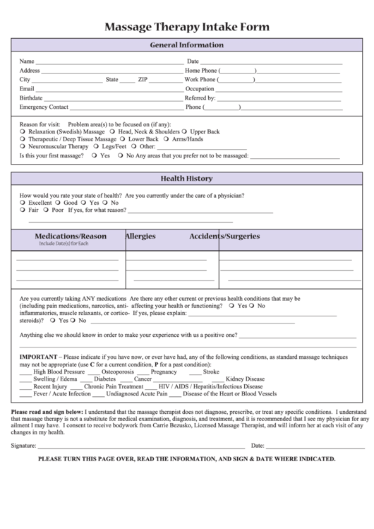 Massage Therapy Intake Form Printable Pdf Download