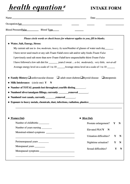 Therapy Intake Form - Health Equations Printable pdf