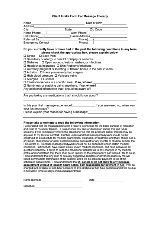 Client Intake Form For Massage Therapy Printable pdf