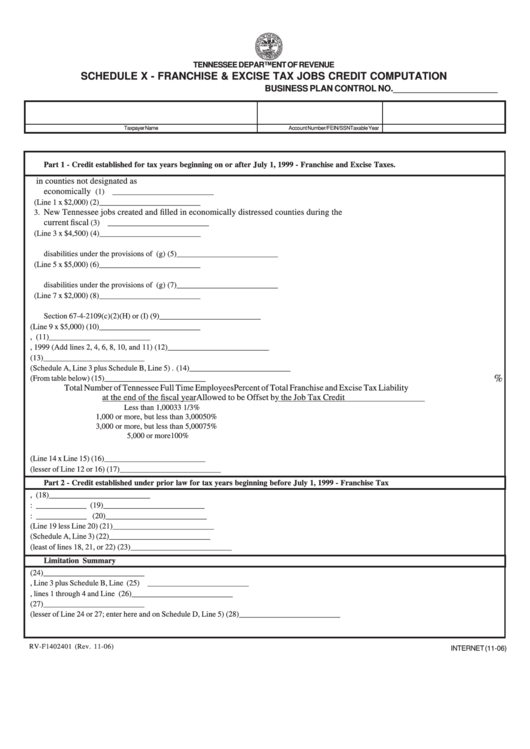 Fillable Form Rv-F1402401 - Schedule X - Franchise & Excise Tax Jobs Credit Computation Form - 2006 Printable pdf