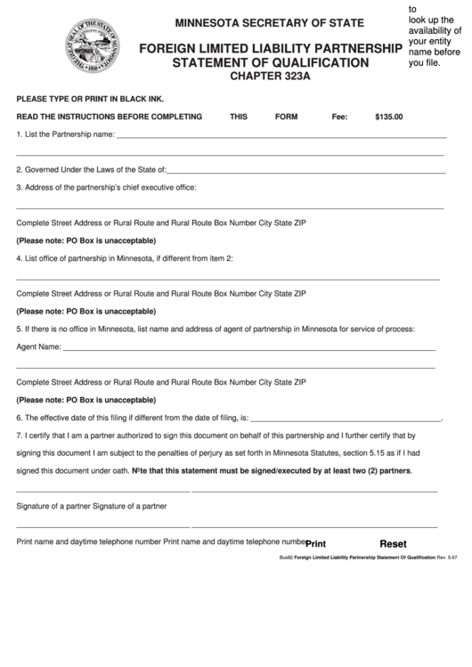 Fillable Form Bus82 - Foreign Limited Liability Partnership Statement Of Qualification (2007) Printable pdf