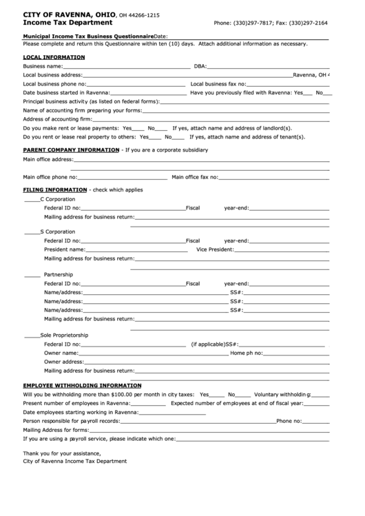 Fillable Municipal Income Tax Business Questionnaire Form Printable pdf