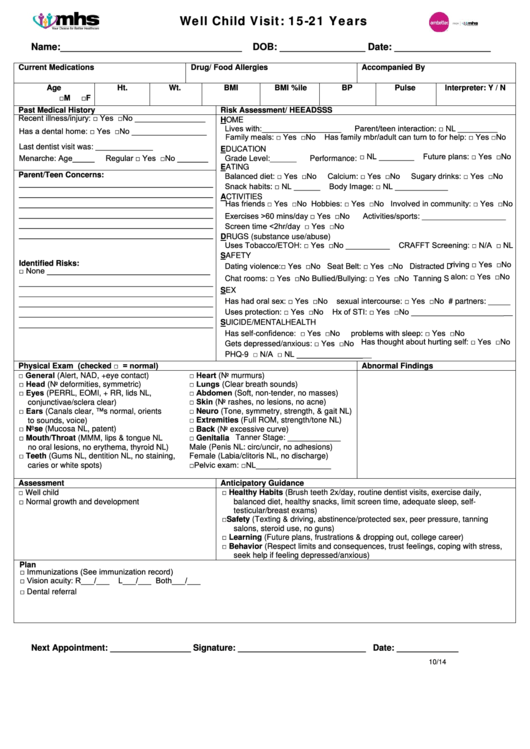 Well Child Visit Form-15-21 Years Printable pdf