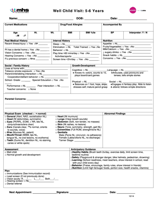 Well Child Visit Form - 5-6 Years Printable pdf