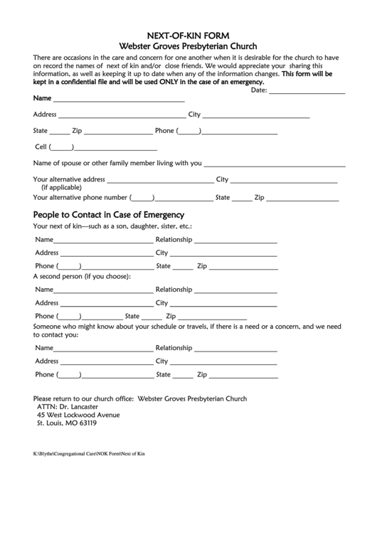 Next-Of-Kin Form - Webster Groves Presbyterian Church Printable pdf