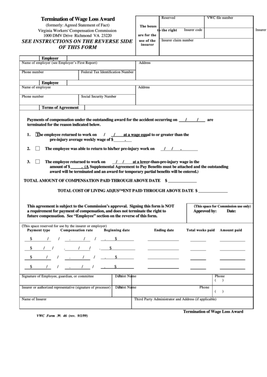 Vwc Form 46 - Termination Of Wage Loss Award Printable pdf