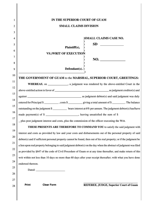 Fillable Writ Of Execution Form Printable pdf