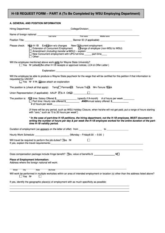 Fillable Form H-1b - Request Form - Part A Printable pdf