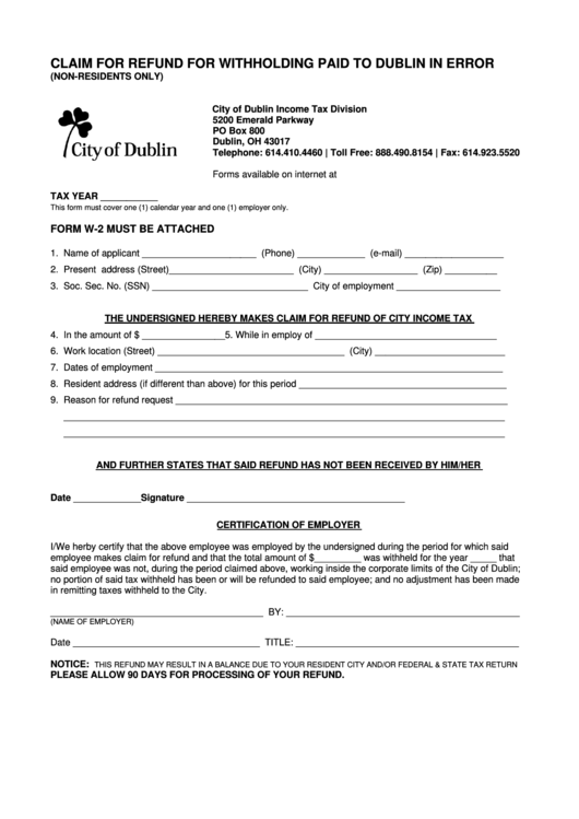 Fillable Claim Form For Refund For Withholding Paid To Dublin In Error Printable pdf
