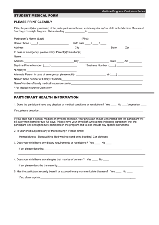 Student Medical Form Printable pdf