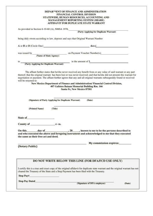 Fillable Affidavit For Duplicate State Warrant Form Printable pdf