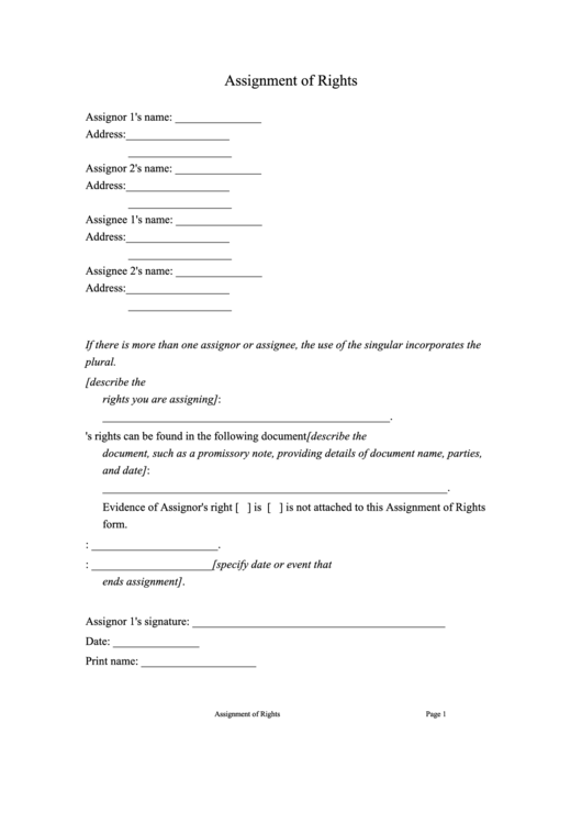 Assignment Of Rights Form Printable pdf
