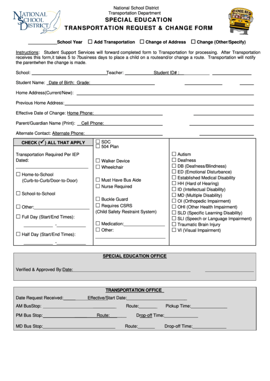Fillable Transportation Request & Change Form - National School District Printable pdf