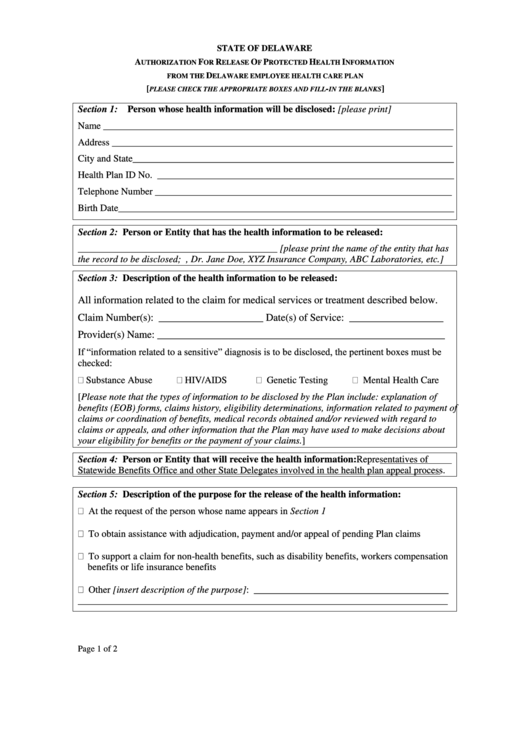State Of Delaware Authorization For Release Protected Health Information Form Printable pdf