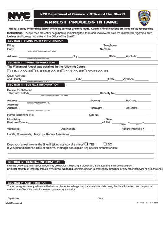 Arrest Process Intake Form Printable pdf