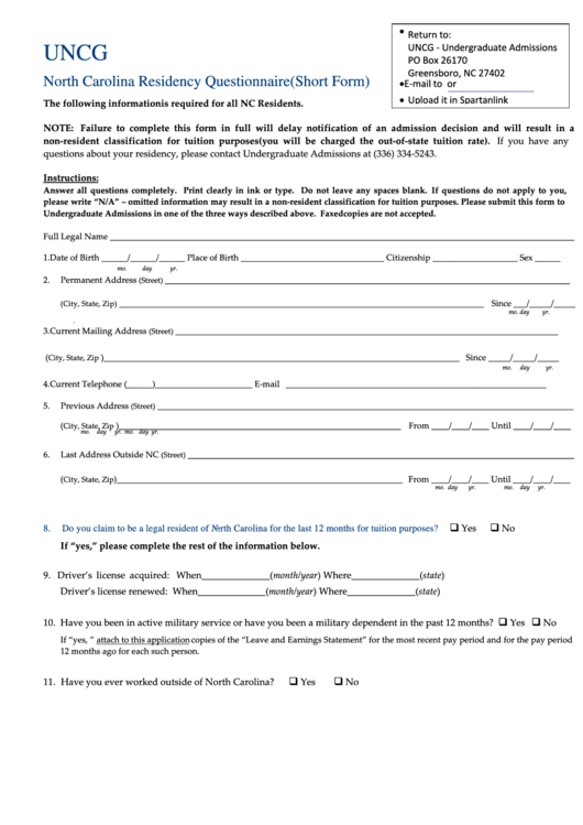 Uncg - North Carolina Residency Questionnaire Form Printable pdf