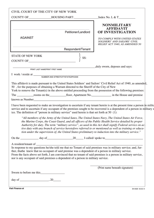 Nonmilitary Affidavit Of Investigation Form Printable pdf