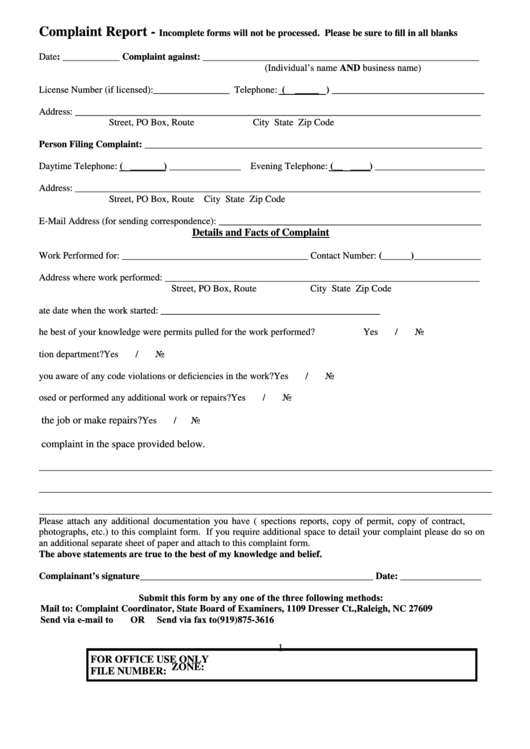 Fillable Complaint Report Form printable pdf download