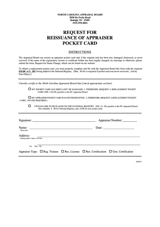 Fillable Request Form For Reissuance Of Appraiser Pocket Card Printable pdf