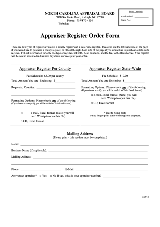 Fillable Appraiser Register Order Form Printable pdf