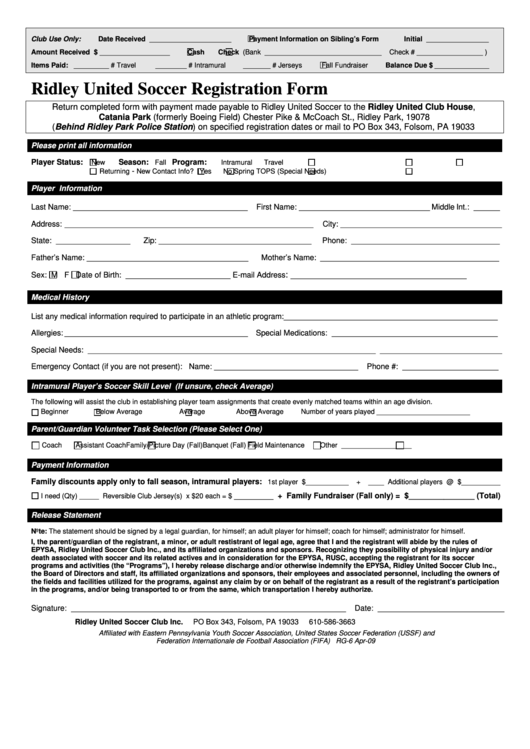 Ridley United Soccer Registration Form Printable pdf