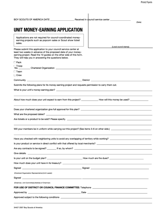 Fillable Form 34427 - Unit Money-Earning Application 2007 Printable pdf