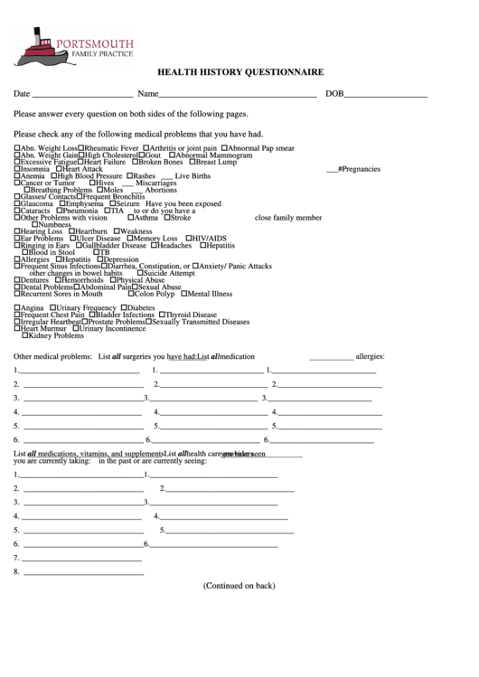 Health History Questionnaire Form Printable pdf