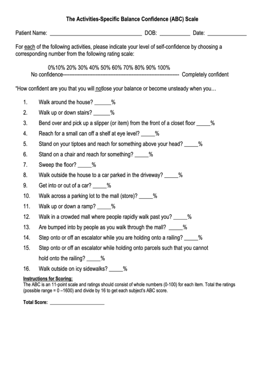 The Activities-Specific Balance Confidence (Abc) Scale Form Printable pdf