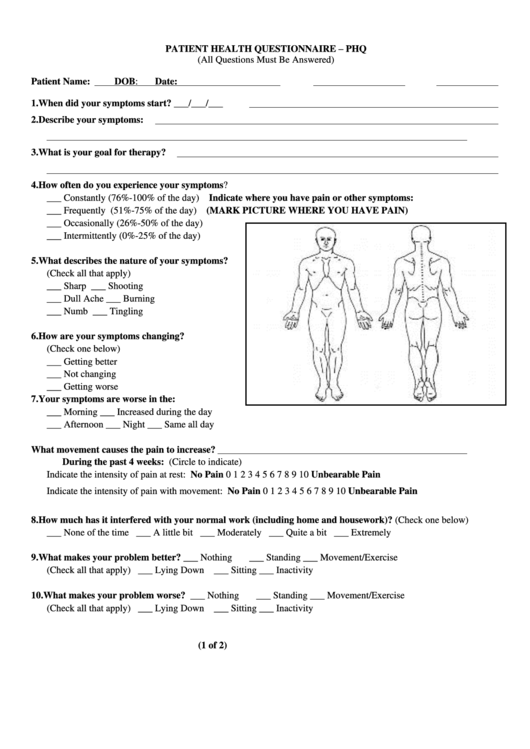 Form Phq-Patient Health Questionnaire Form Printable pdf