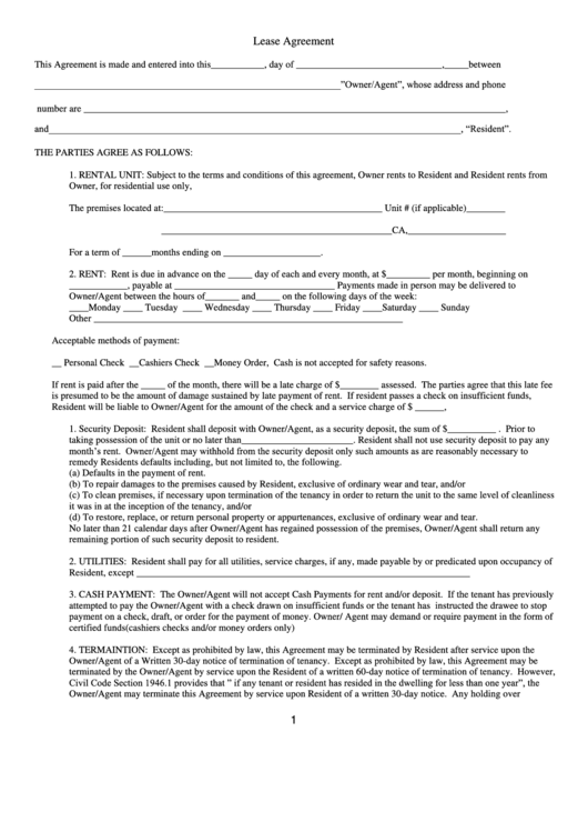 Lease Agreement Form Printable pdf