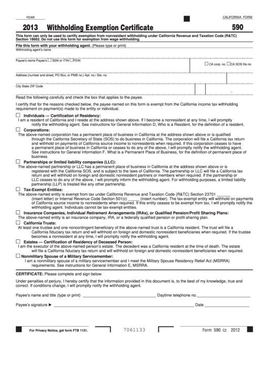 Fillable California Form 590 - Withholding Exemption Certificate - 2013 Printable pdf