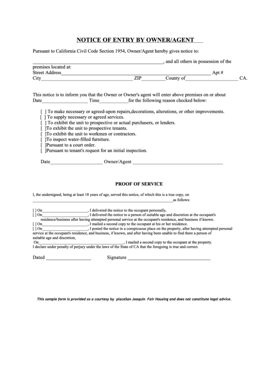 Notice Of Entry By Owner/agent Form Printable pdf