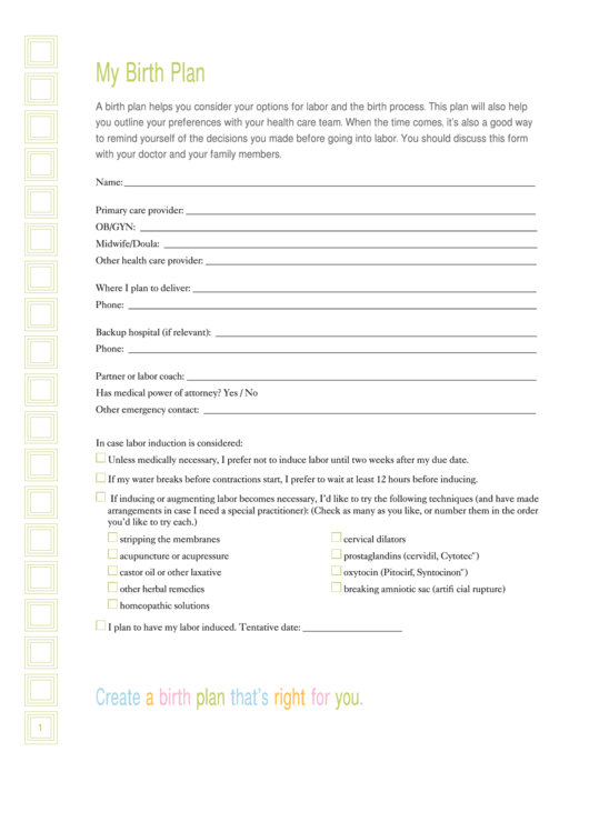 My Birth Plan Form Printable pdf