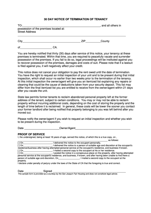 30 Day Notice Of Termination Of Tenancy Form Printable pdf