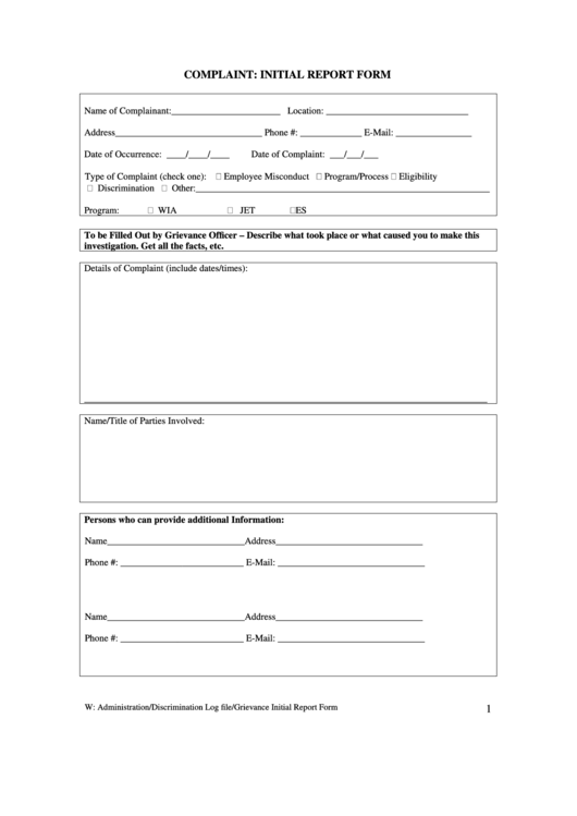 Fillable Complaint: Initial Report Form Printable pdf