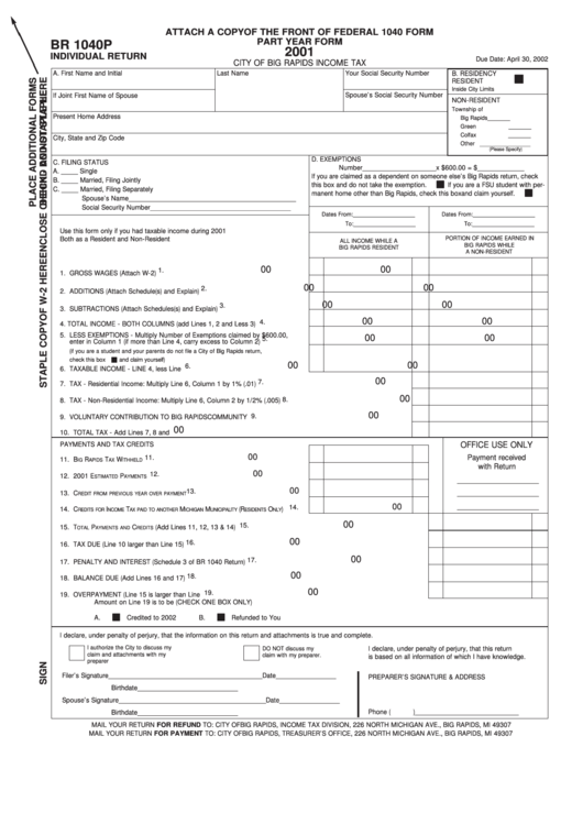 Form Br 1040p - Individual Return - City Of Big Rapids Income Tax - 2001 Printable pdf