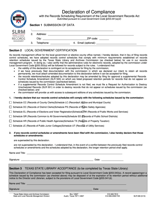 Fillable Form Slr 508 - Declaration Of Compliance Form Printable pdf