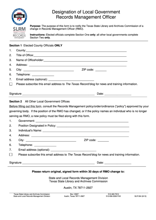 Fillable Designation Form Of Local Government Records Management Officer Printable pdf