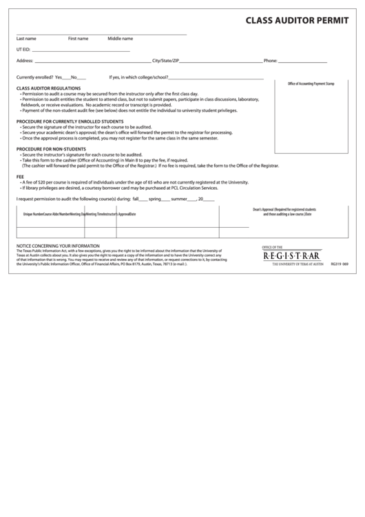 Fillable Class Auditor Permit Form Printable pdf
