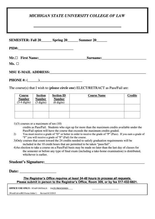 Pass/fail Grading Option Request Form - Michigan State University College Of Law Printable pdf