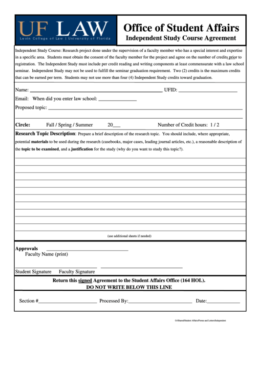 Independent Study Course Agreement Form - Office Of Student Affairs Printable pdf
